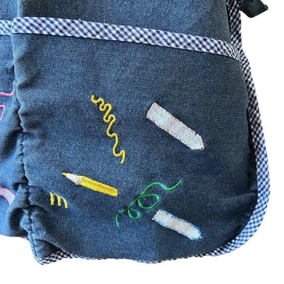 Teacher Apron Art Class Pre-K Kindergarten Smock Embroidered Handmade Blue Denim - Picture 7 of 8